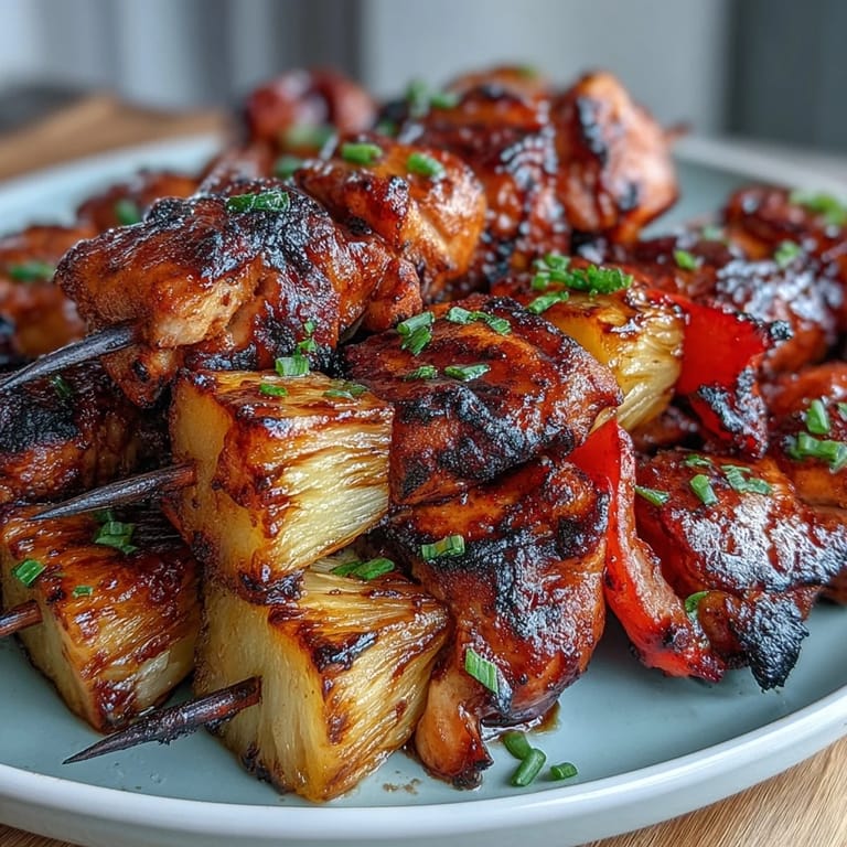 Vibrant grilled pineapple chicken skewers featuring tender chicken, smoky char, and juicy tropical fruit for a summer barbecue favorite.