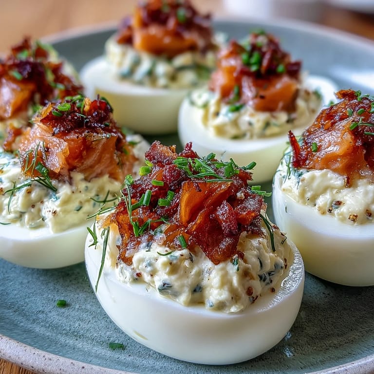 Smoked salmon deviled eggs garnished with fresh chives and everything seasoning, perfect for elegant gatherings.