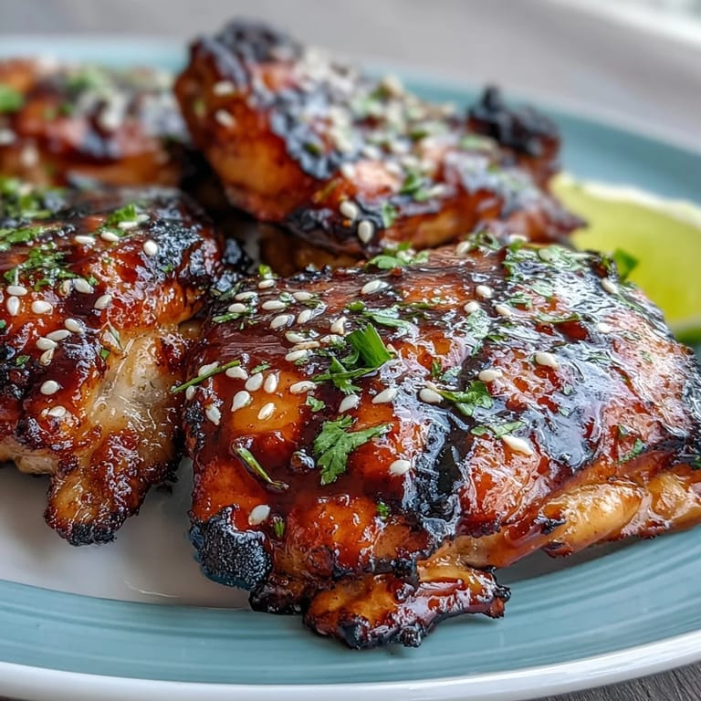 Spicy-sweet honey sriracha chicken thighs sizzling on the grill, ready for summer cookouts.  