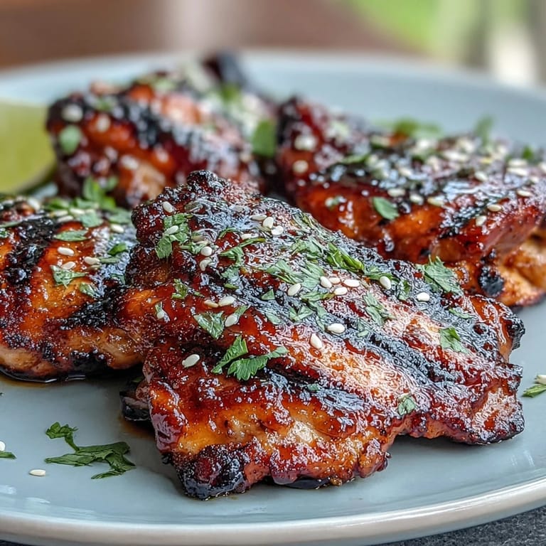 Tender grilled chicken thighs glazed in honey sriracha sauce, served with lime wedges.