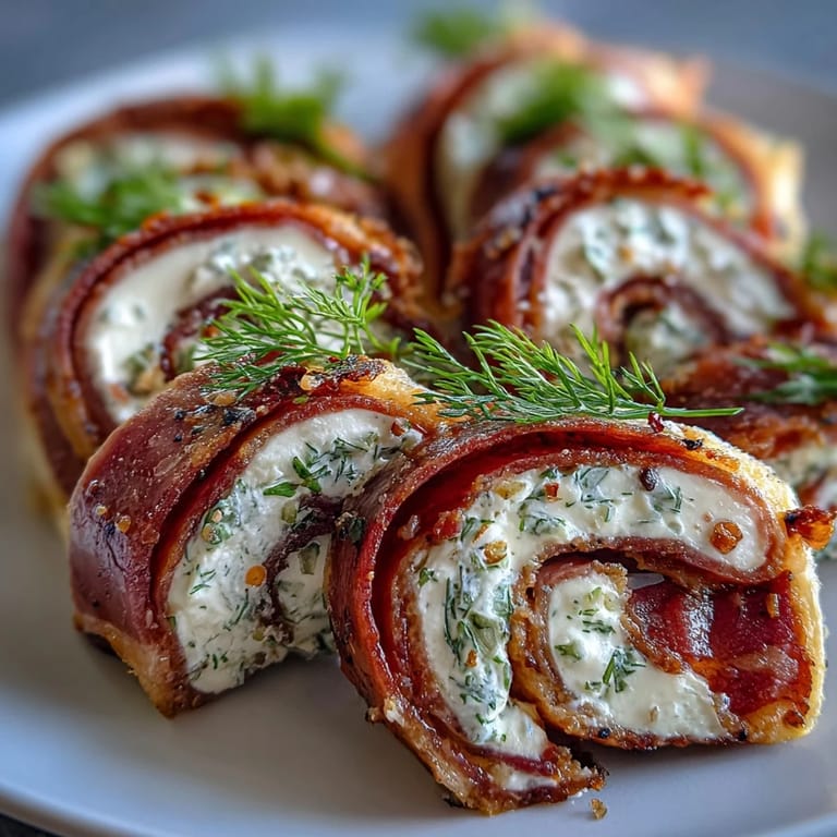 Smoky ham rolls with creamy cheese and crisp pickles, sliced into bite-sized pinwheels perfect for parties.