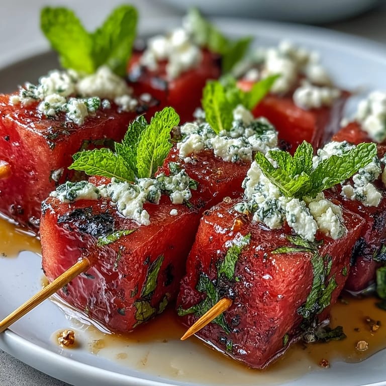 Refreshing watermelon feta mint skewers drizzled with olive oil and balsamic glaze, perfect for easy entertaining.