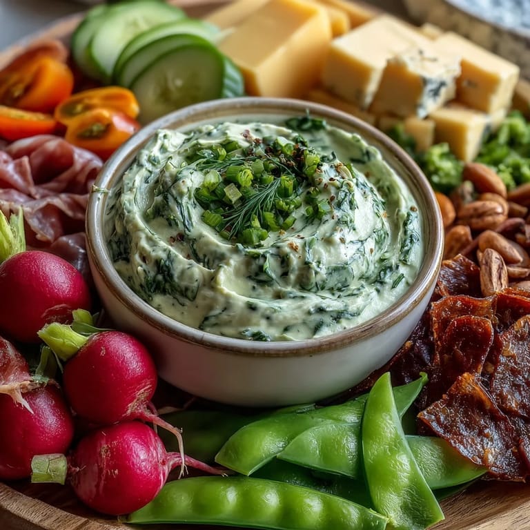 Fresh spring charcuterie board featuring radishes, peas, and herb dip for a colorful appetizer.  