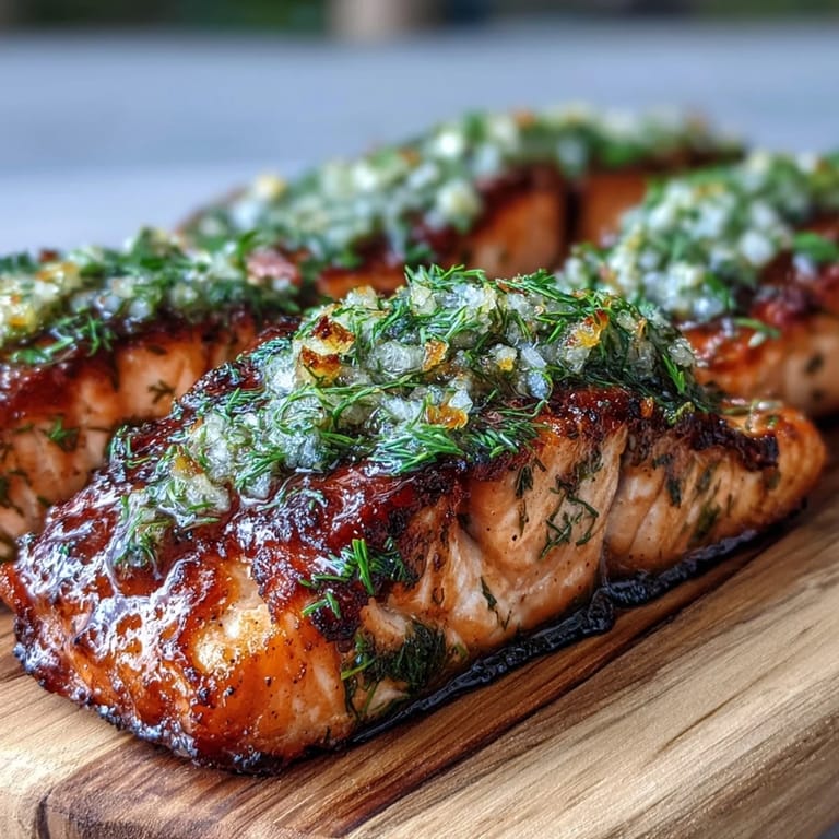 Juicy salmon fillets with fresh garlic and dill, grilled on cedar planks for a fragrant, herb-infused seafood dinner.