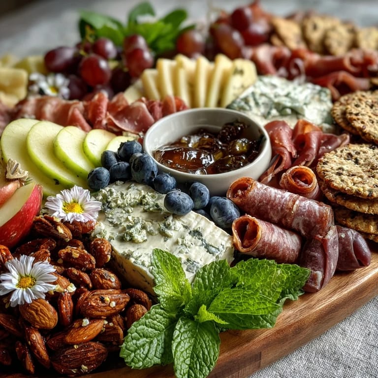 Elegant charcuterie board featuring cured meats, cheeses, fruits, and edible flowers for a stunning seasonal display.  