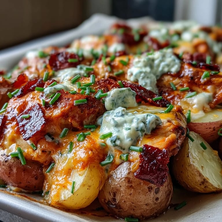 A rustic one-pan dinner reveals juicy chicken and tender potatoes in this Buffalo Ranch Chicken Potato Bake, garnished with fresh chives.