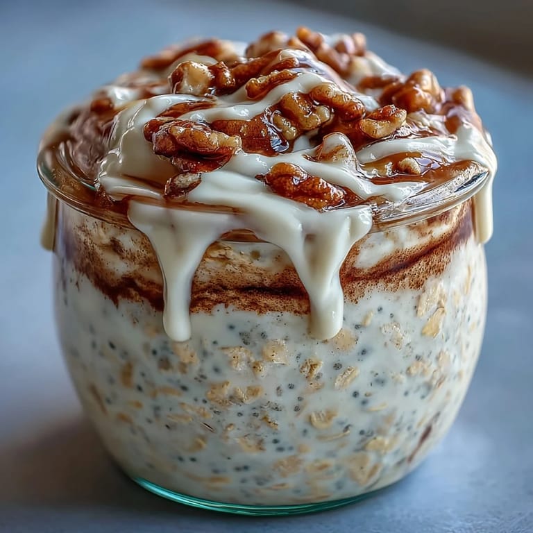 Healthy High-Protein Cinnamon Roll Overnight Oats served in a clear jar, garnished with extra cinnamon and chopped pecans for crunch.