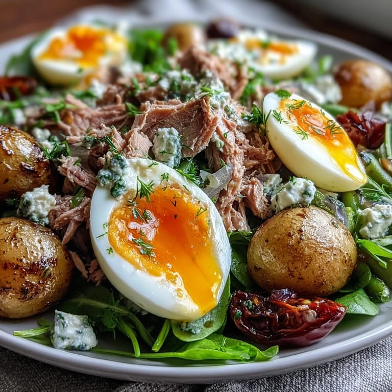 Vibrant Spring Niçoise Salad featuring seared tuna, crisp green beans, juicy tomatoes, and creamy potatoes, topped with soft-boiled eggs.