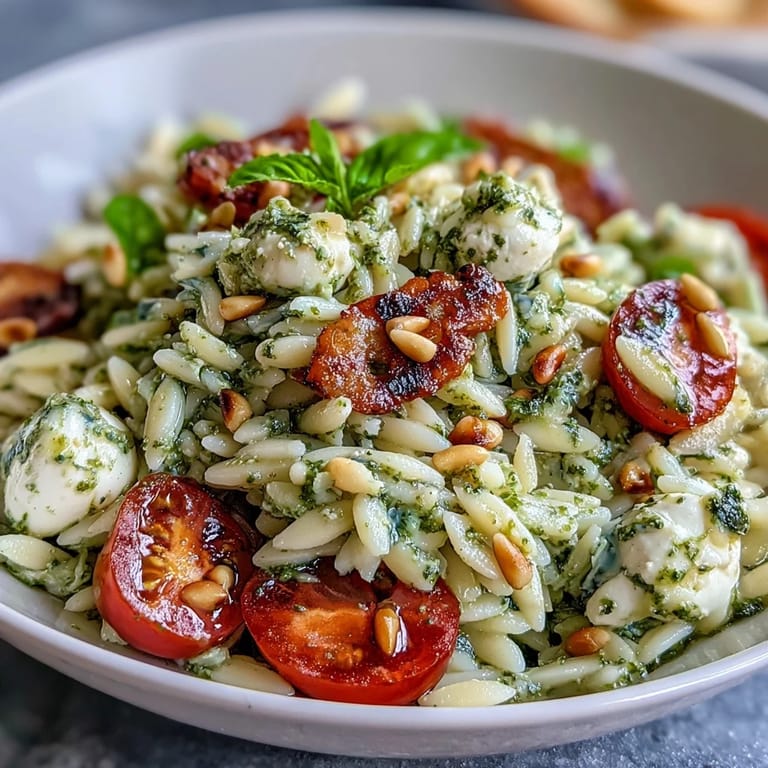 Vibrant orzo pasta salad with fresh basil, sweet cherry tomatoes, and creamy mozzarella, tossed in zesty basil pesto dressing.