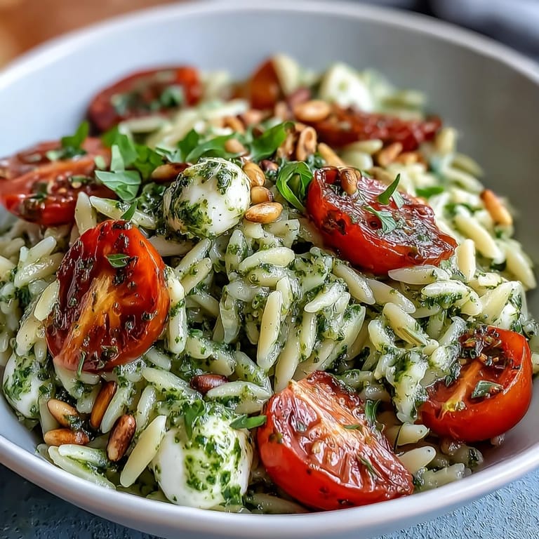 Make-ahead Italian orzo salad featuring tender pasta, juicy tomatoes, and mozzarella, all coated in rich, aromatic basil pesto.