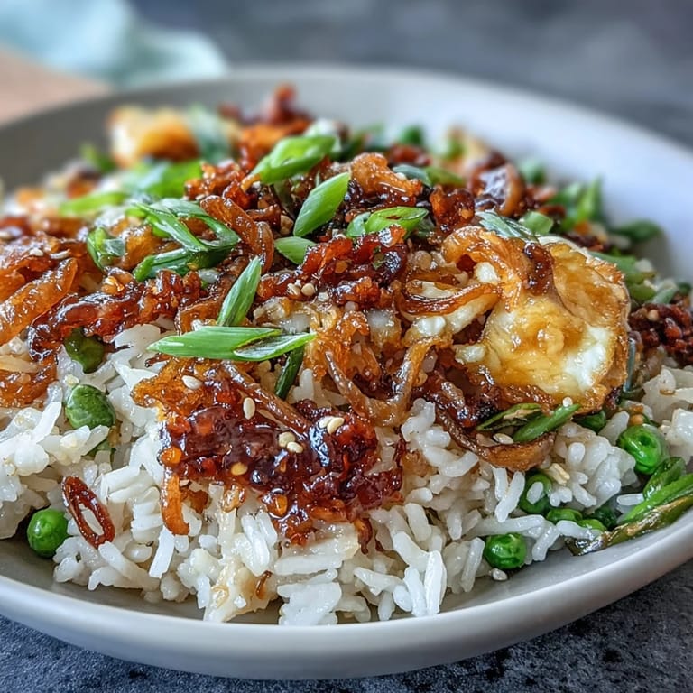 Spicy Chili Crisp Egg Fried Rice topped with toasted sesame seeds and extra chili oil drizzle.
