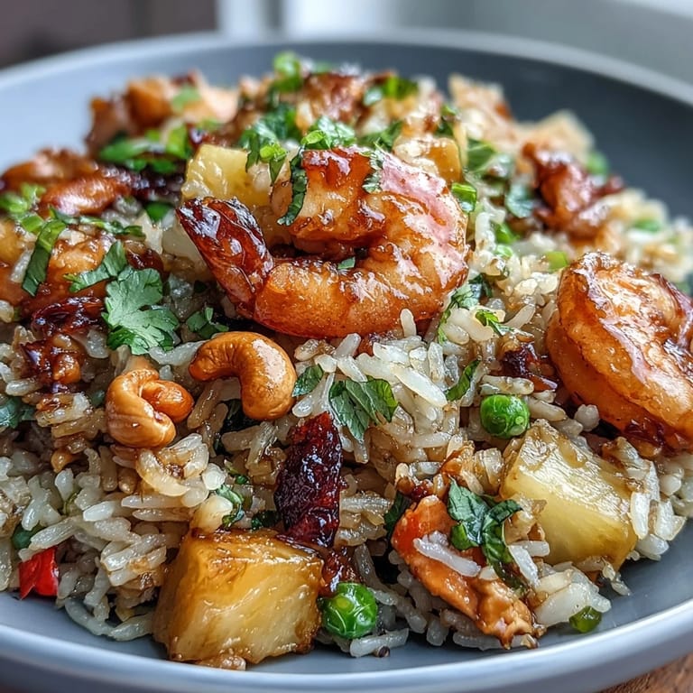 Thai pineapple fried rice features fragrant jasmine rice, sweet pineapple chunks, and savory shrimp, beautifully presented in a hollowed pineapple boat.