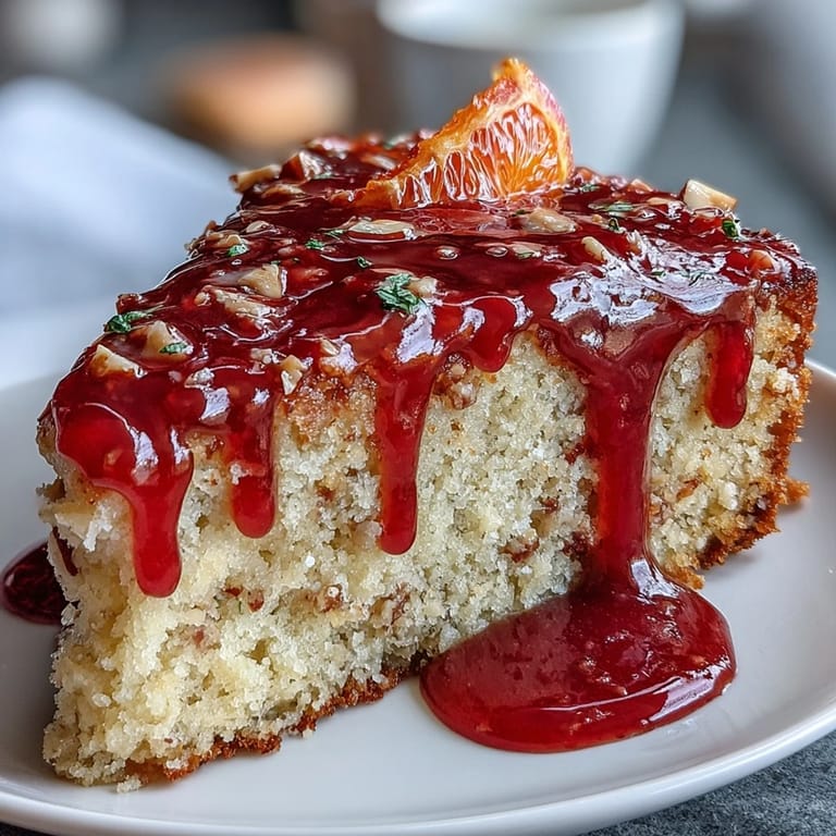Elegant gluten-free blood orange polenta cake topped with fresh citrus slices and edible flowers for a stunning dessert.