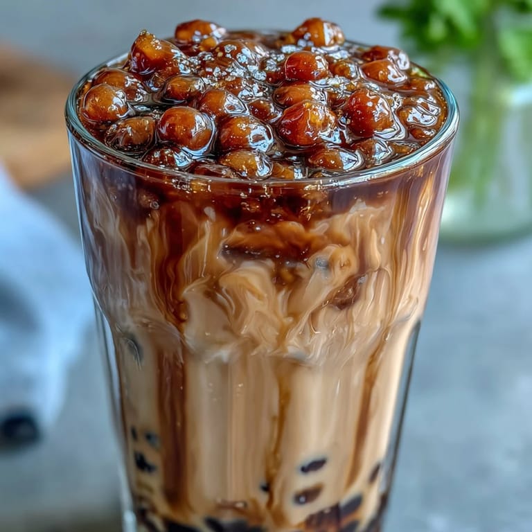 Homemade brown sugar boba milk tea served with glistening tapioca pearls in a tall milk tea glass.