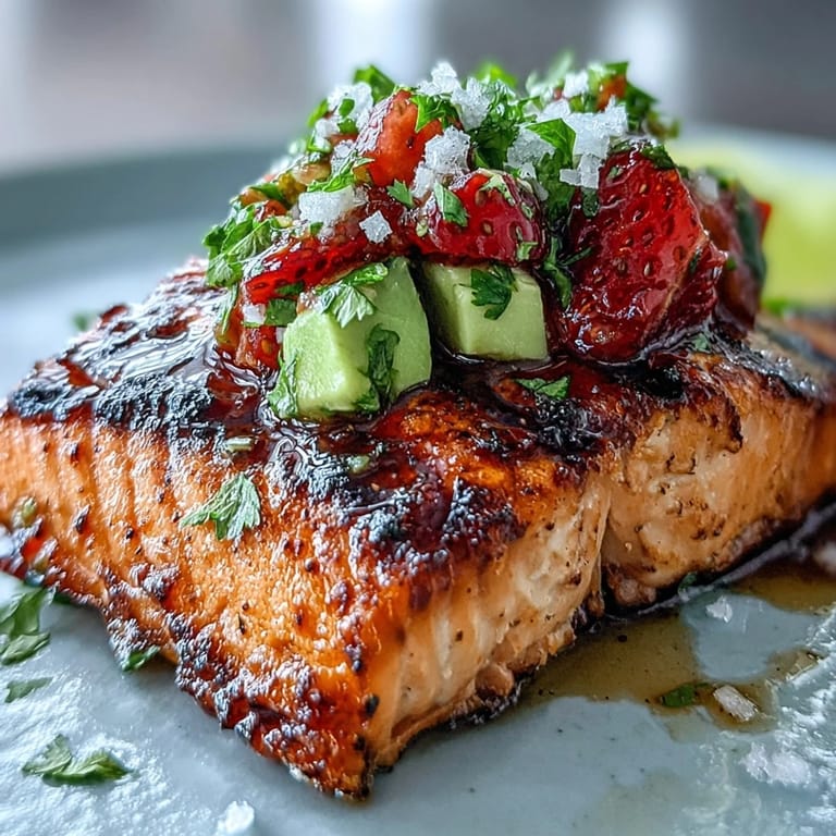 Aromatic grilled salmon paired with a refreshing strawberry avocado salsa, ideal for a healthy, gluten-free main course.