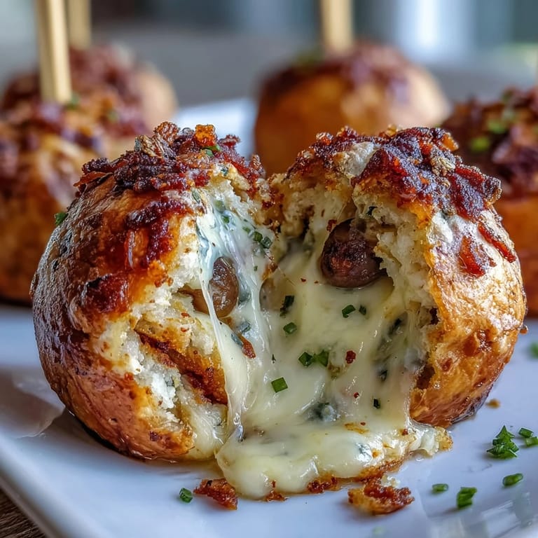 Bite-sized cheese balls stuffed with green olives, baked until golden, and threaded on skewers for easy party snacking.
