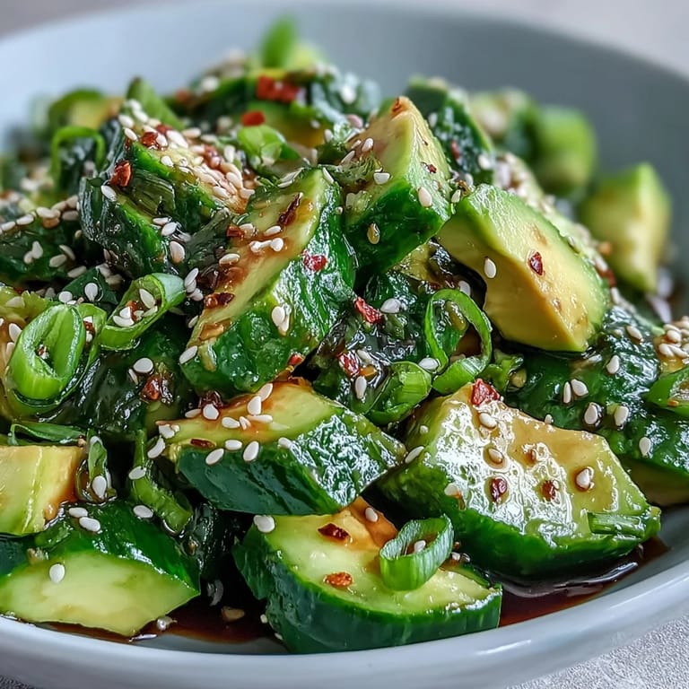 A refreshing, vegan smashed cucumber and avocado salad with nutty sesame oil, perfect for a light lunch or summer side dish.