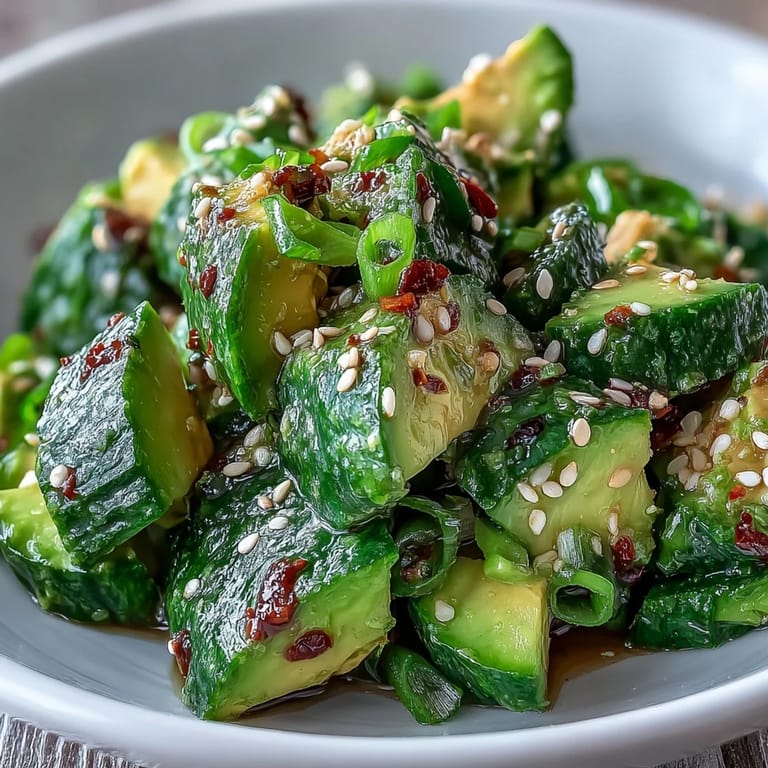 Creamy avocado and crisp smashed cucumbers tossed in a tangy sesame dressing, garnished with fresh herbs and a sprinkle of chili flakes.