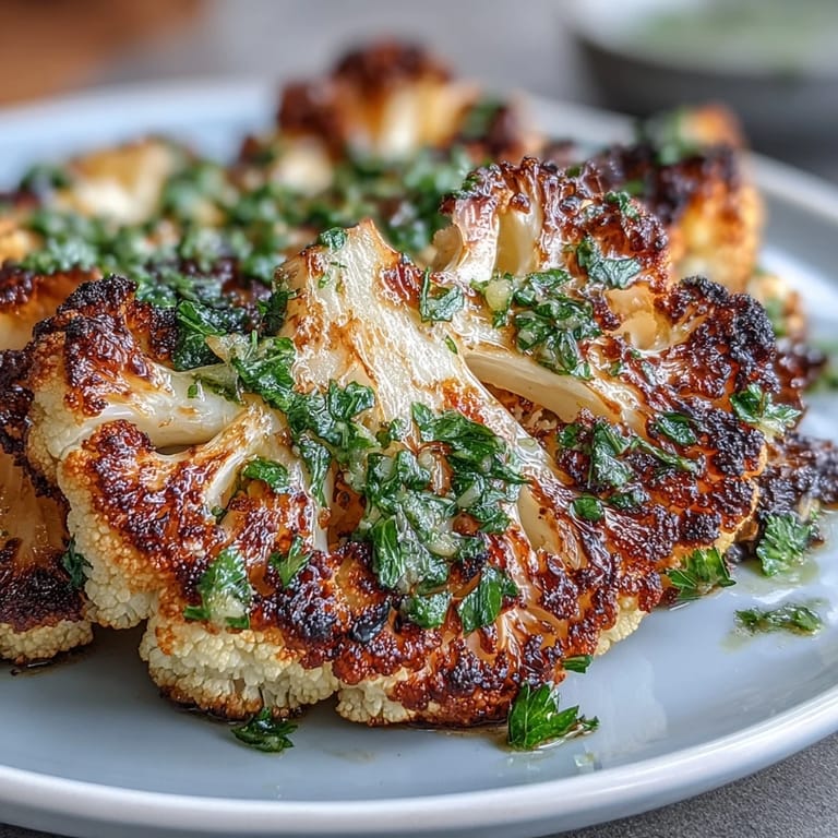 Grilled cauliflower steaks infused with smoked paprika and cumin, finished with herbaceous chimichurri for a flavorful vegan entrée.