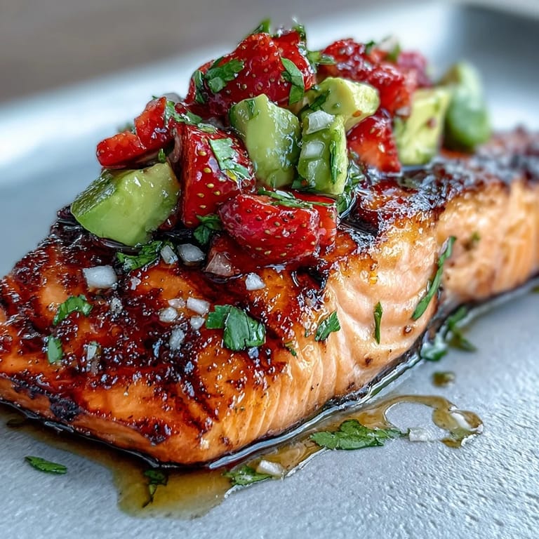 Fresh salmon fillets grilled to perfection and served with a colorful strawberry avocado salsa bursting with flavor.  