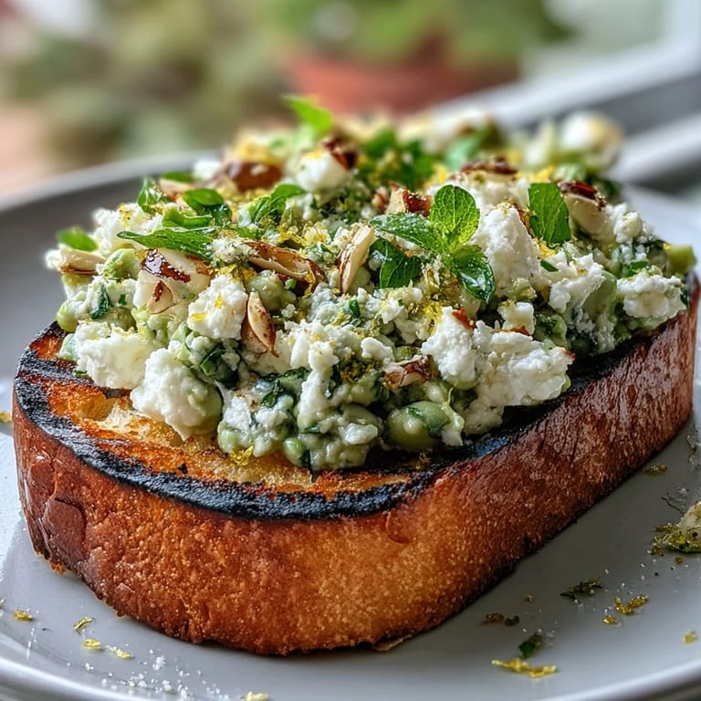 Creamy mashed fava beans with fresh mint and garlic spooned over golden grilled sourdough for a spring appetizer.