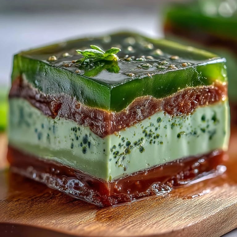Elegant two-tone yokan with a rich red bean layer topped by fragrant matcha jelly, showcasing classic Japanese confectionery artistry.
