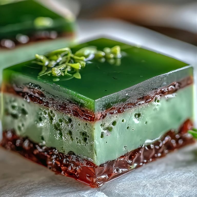 Chilled yokan dessert featuring a silky red bean jelly base and a bright green matcha layer, a delightful Japanese sweet for special occasions.