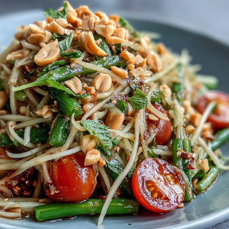 Fresh Som Tam dish overflowing with colorful veggies, crunchy nuts, and lime dressing.