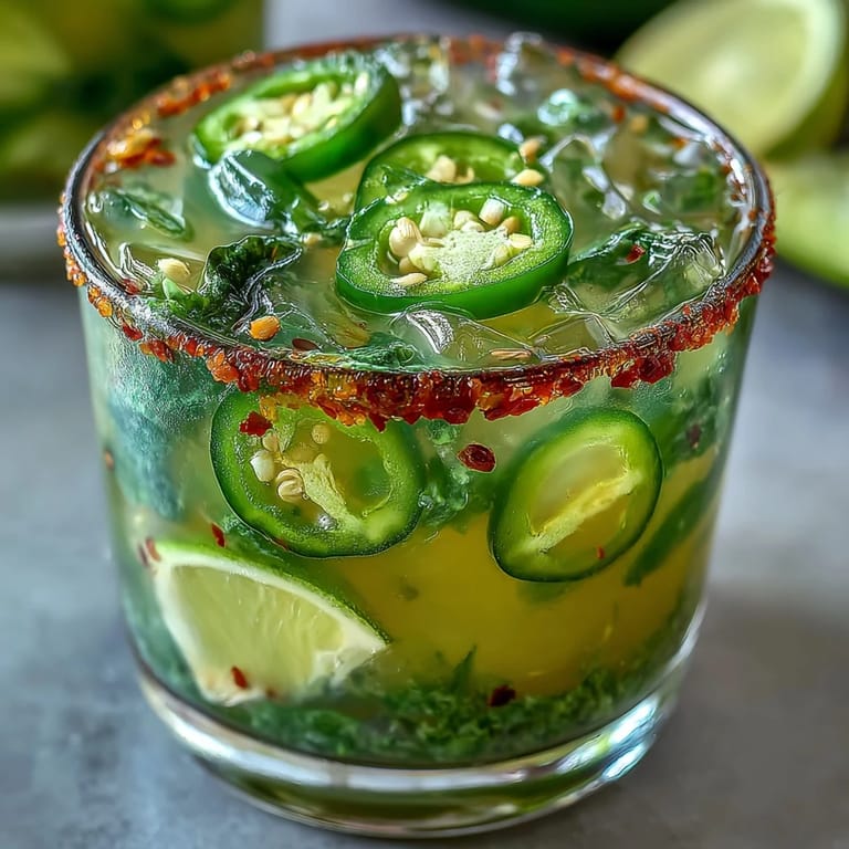 Zesty dill pickle margarita mocktail bursting with lime, featuring a vibrant jalapeño rim.