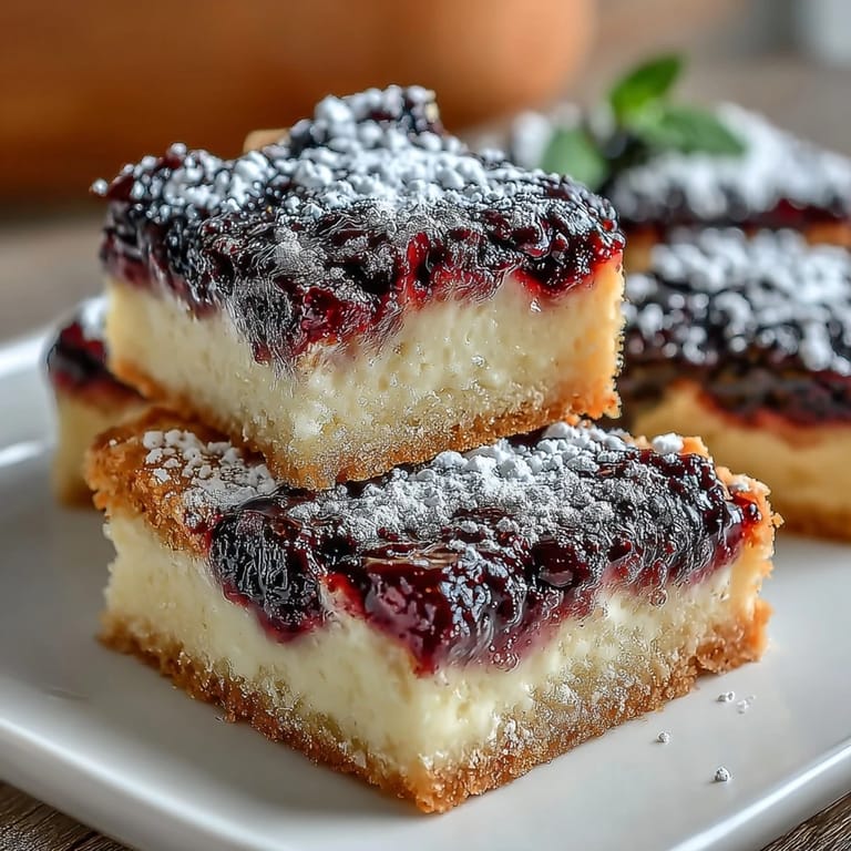Golden shortbread base topped with bright blackberry lemon bar filling.