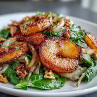 Golden caramelized apples and warm sauerkraut steam gently in a cast-iron skillet garnished with walnuts.