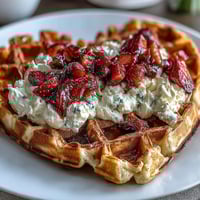 Heart-shaped waffles topped with creamy cottage cheese whip and fresh strawberries, perfect for a romantic breakfast or brunch.