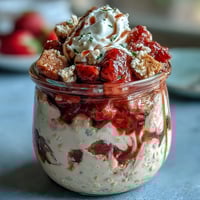 Creamy overnight oats with fresh strawberries and vanilla, inspired by classic strawberry shortcake—ideal for a quick, healthy breakfast.