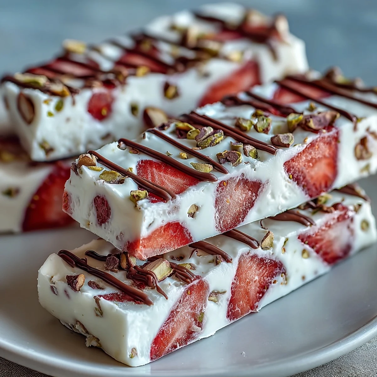 Valentine Strawberry Yogurt Bark with Pistachios: a vibrant, frozen dessert featuring creamy yogurt, juicy red strawberries, and crunchy green pistachios for a festive treat.