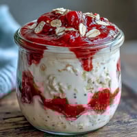 Fluffy yogurt overnight oats with strawberry swirl, creamy and airy, topped with vibrant homemade fruit sauce.