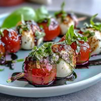Colorful Picnic Caprese Skewers with balsamic drizzle, showcasing cherry tomatoes, mozzarella, and fresh basil for a vibrant outdoor appetizer.  