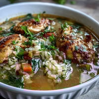 Hearty one-pot chicken and rice soup with tender vegetables, juicy chicken, and fluffy rice simmered in savory broth.  