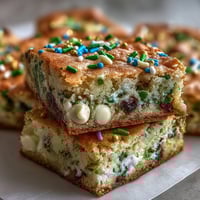 Festive St. Patrick's Day Rainbow Cookie Bars with white chocolate chips and colorful sprinkles in every buttery bite.