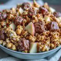 Caramel Candy Apple Popcorn Mix with dried apples and candy-coated chocolates in a bowl.