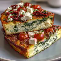Fluffy spinach and feta frittata with sun-dried tomatoes, golden and bubbling from the oven.