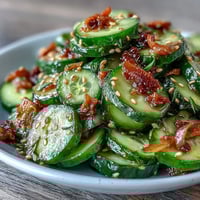 Asian Cucumber Salad with Sesame and Rice Vinegar, crisp cucumbers in tangy sesame dressing, garnished with green onions and sesame seeds.