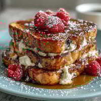 A golden pancake casserole with fresh berries, dusted with powdered sugar, ready for a festive Mothers Day brunch.