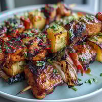 Grilled pineapple chicken skewers with juicy chicken, sweet caramelized pineapple, and colorful peppers sizzling on the grill.