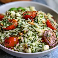 Cold Pesto Orzo Salad with cherry tomatoes and mozzarella, tossed in fragrant basil pesto, perfect for picnics or potlucks.
