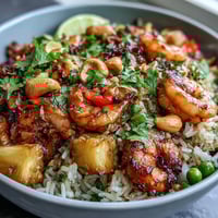 Vibrant pineapple fried rice with juicy shrimp, colorful vegetables, and cashews served in a fresh pineapple shell.