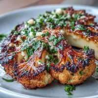 Smoky BBQ cauliflower steaks grilled until tender and topped with fresh, zesty chimichurri sauce for a vegan main dish.  