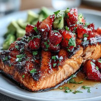 Juicy grilled salmon topped with vibrant strawberry avocado salsa, perfect for a light summer dinner.  
