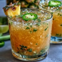 A refreshing glass of pineapple jalapeño agua fresca, blending sweet tropical fruit with a gentle spicy kick and served over ice.