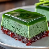 Beautifully layered Japanese yokan dessert with smooth red bean jelly and vibrant matcha jelly, a traditional treat perfect for tea time.
